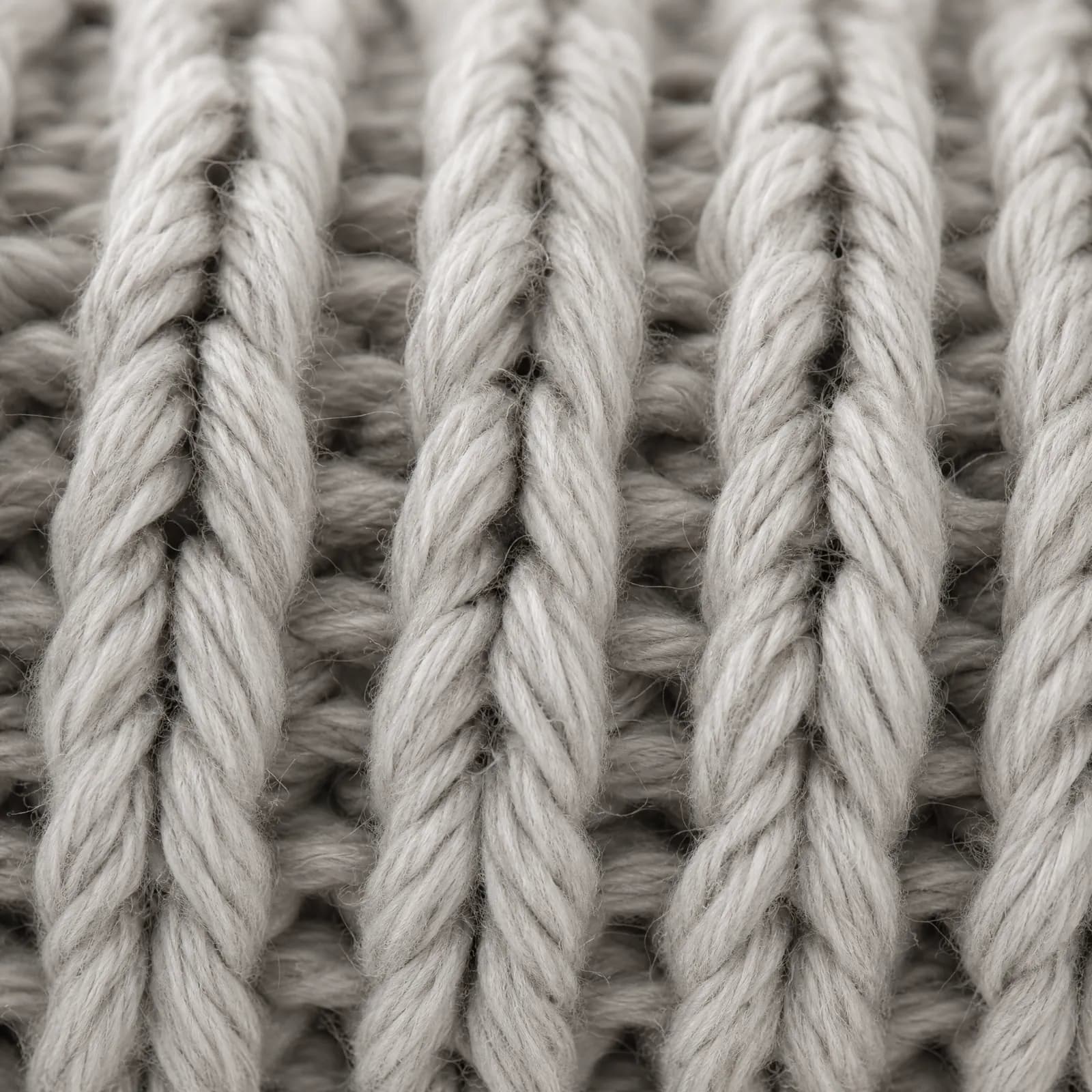 Extreme macro of a single row of knitted cotton loops in pale rib grey, each loop individually resolved.