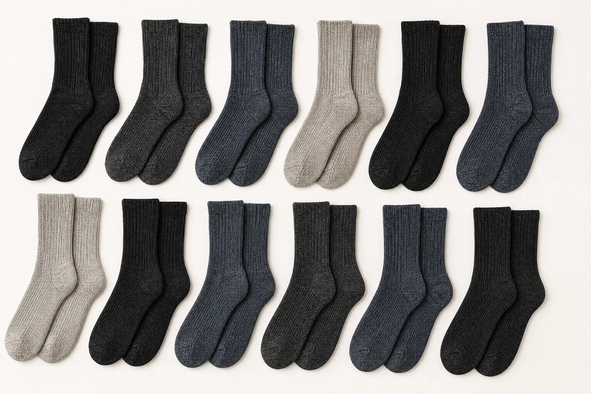 About twelve pairs of thick ribbed winter socks laid flat in a loose grid, all fully extended with cuffs relaxed.