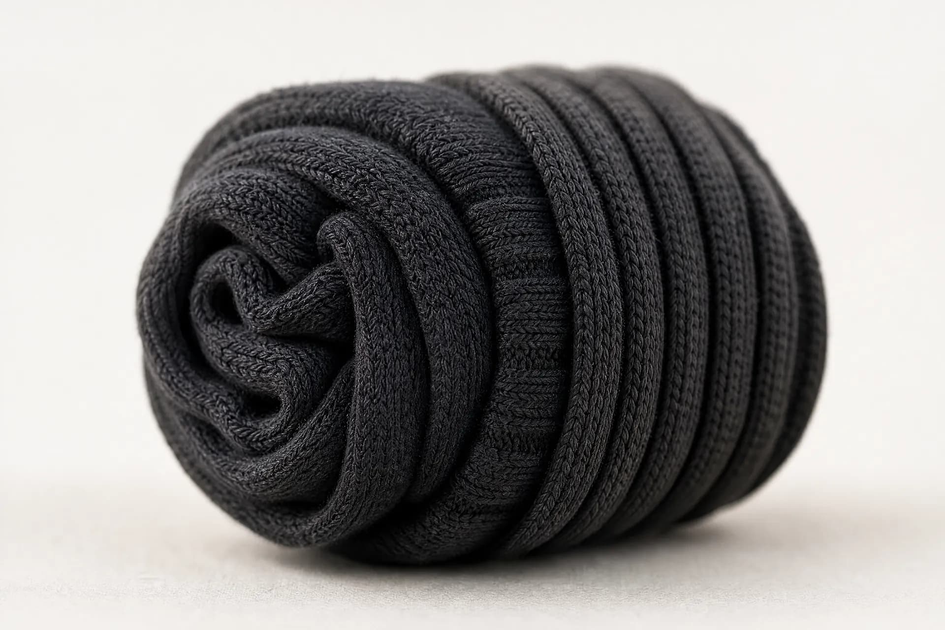 A pair of graphite ribbed socks rolled tightly into a ball, the turned cuff wrapping the bundle with its rib columns pulled apart.