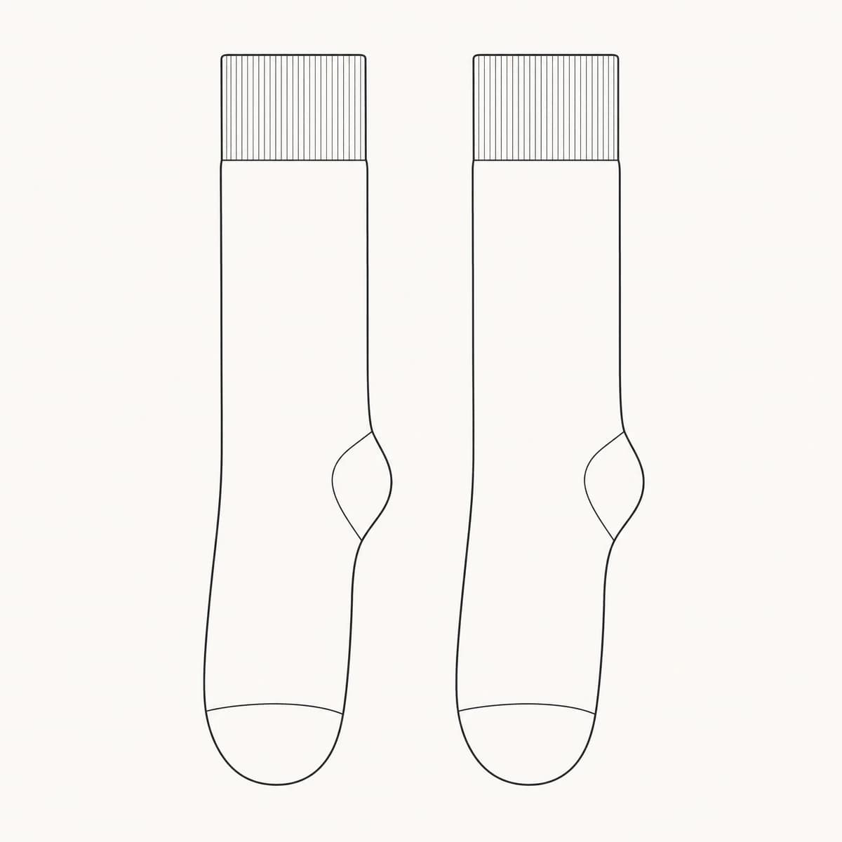 Line diagram: two ribbed socks drawn flat side by side, seen from above, both fully extended.