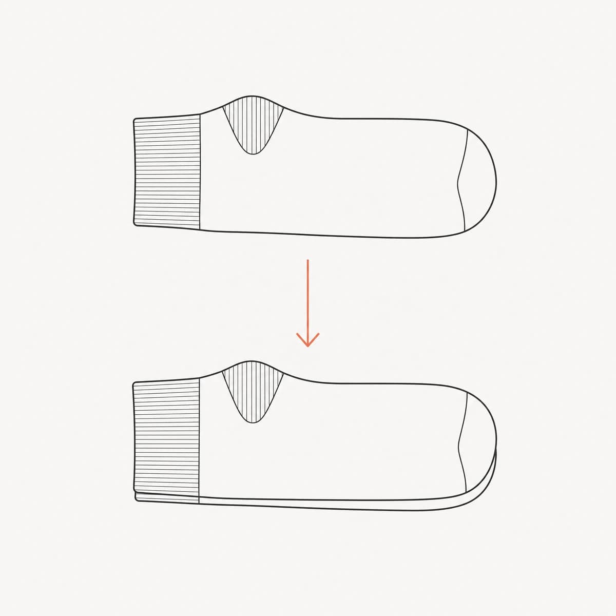 Line diagram: the two flat socks stacked one on the other, with an arrow indicating the stacking movement.