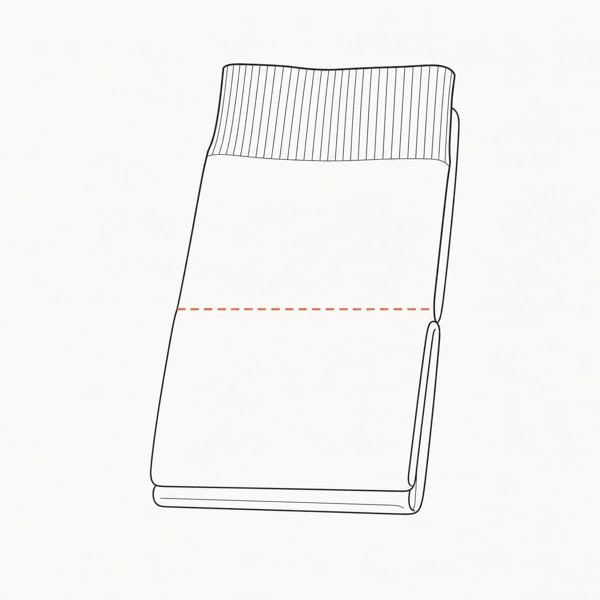 Line diagram: the stacked pair folded once across the middle, the fold line marked, the cuff end left open.