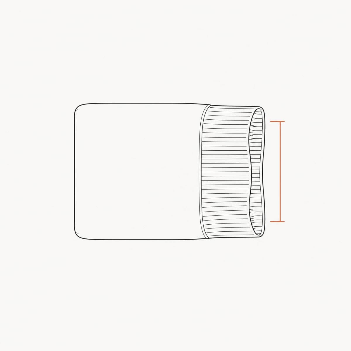 Line diagram: the finished folded rectangle seen from above, the ribbed cuff end open with a bracket marking its relaxed width.